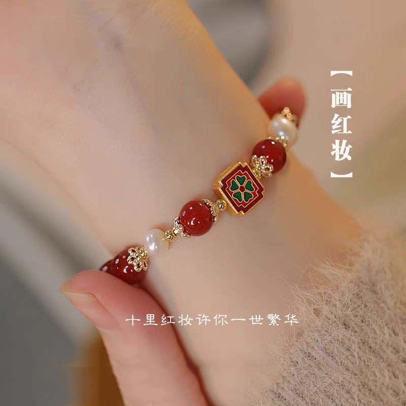 Painting Red Makeup Retro Red Imitation Pearl Lucky Bracelet Versatile High Sense Chinese Style New Year Bracelet