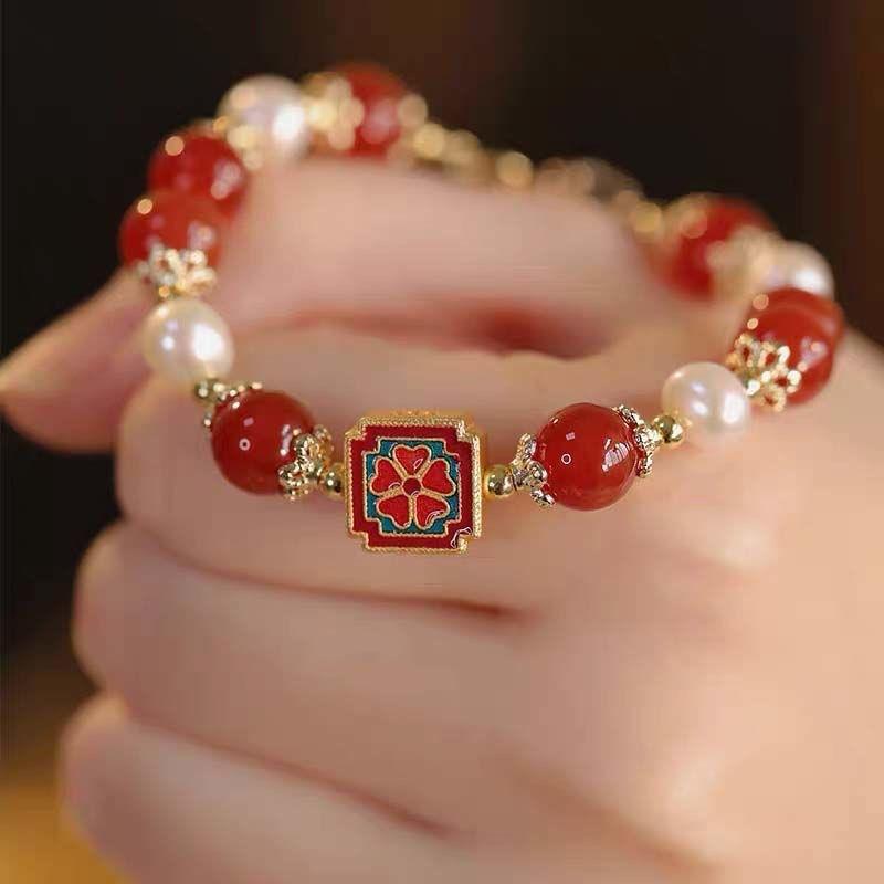Painting Red Makeup Retro Red Imitation Pearl Lucky Bracelet Versatile High Sense Chinese Style New Year Bracelet