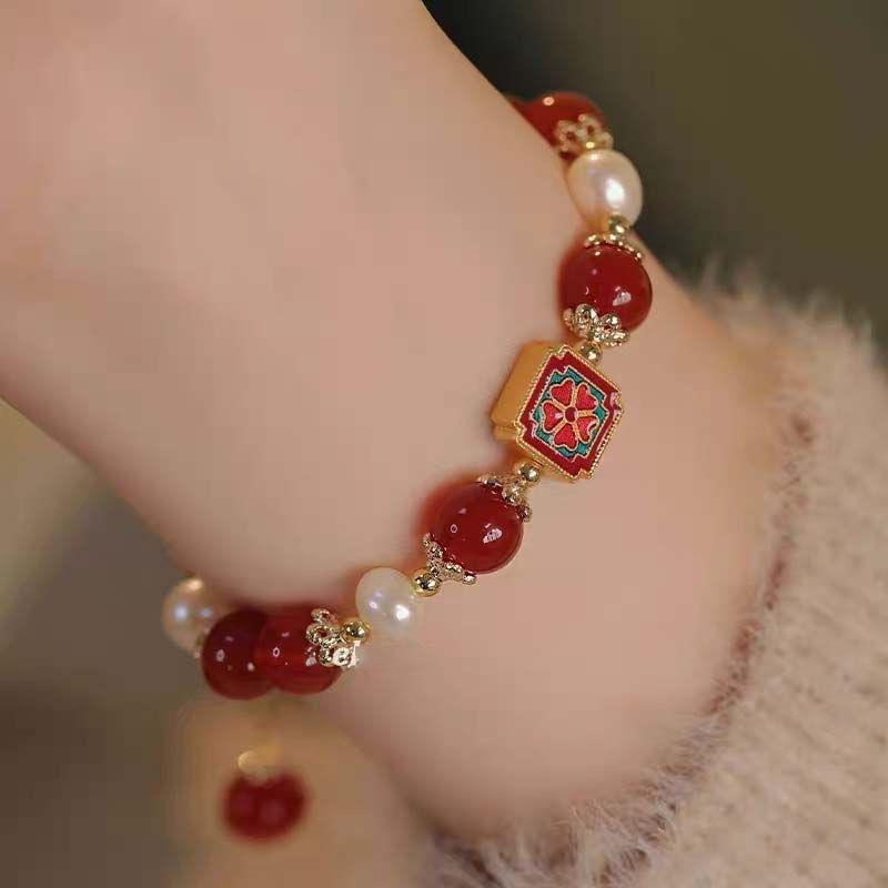 Painting Red Makeup Retro Red Imitation Pearl Lucky Bracelet Versatile High Sense Chinese Style New Year Bracelet