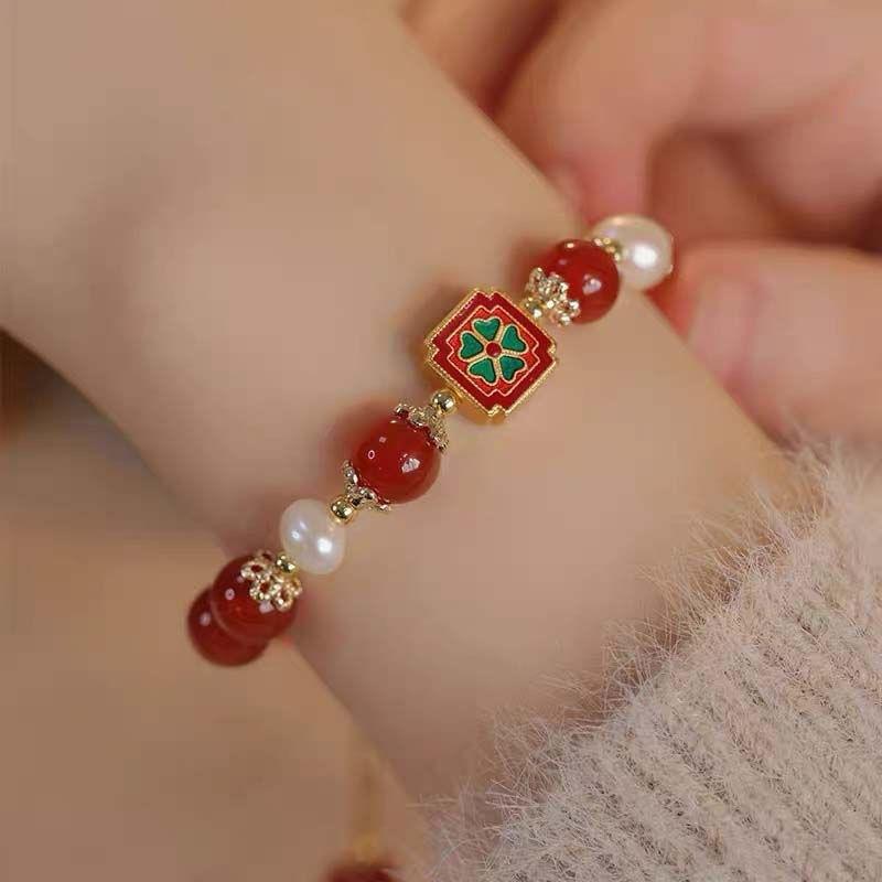 Painting Red Makeup Retro Red Imitation Pearl Lucky Bracelet Versatile High Sense Chinese Style New Year Bracelet