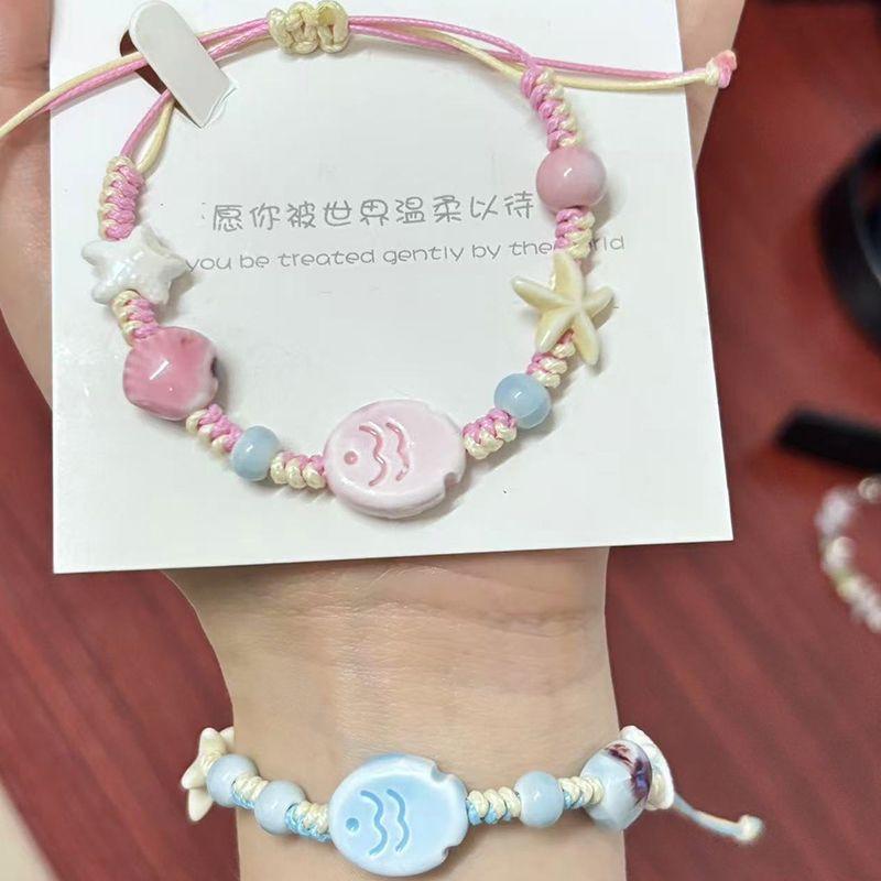 New Starfish Shell Ceramic Fish Sky Blue Hand-Woven Bracelet Cute Fresh Gift for Girlfriend