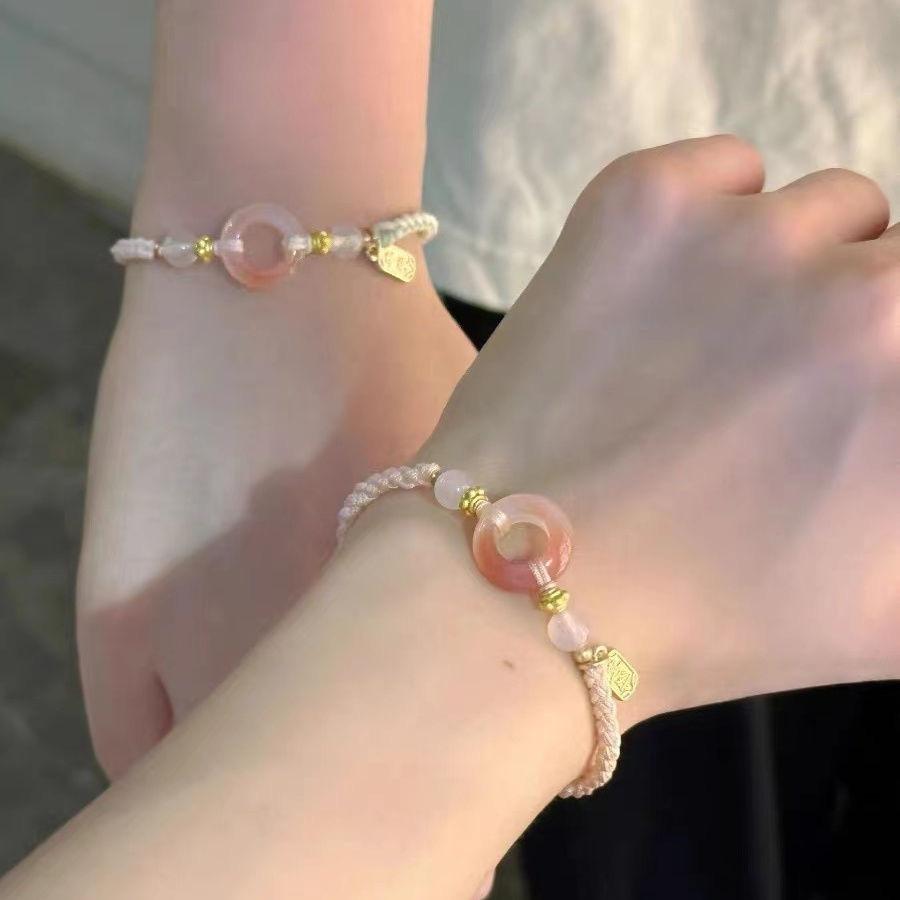 New Chinese National Style Bracelet Pink Peach Blossom Safety Buckle Bracelet Girlfriends Two Woven Girl Accessories