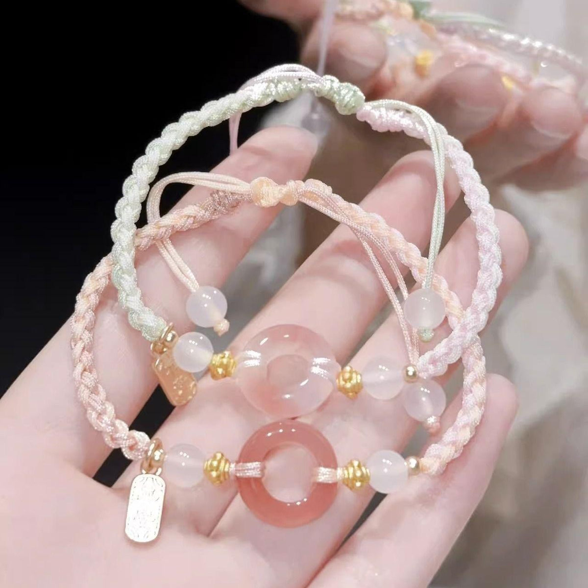 New Chinese National Style Bracelet Pink Peach Blossom Safety Buckle Bracelet Girlfriends Two Woven Girl Accessories