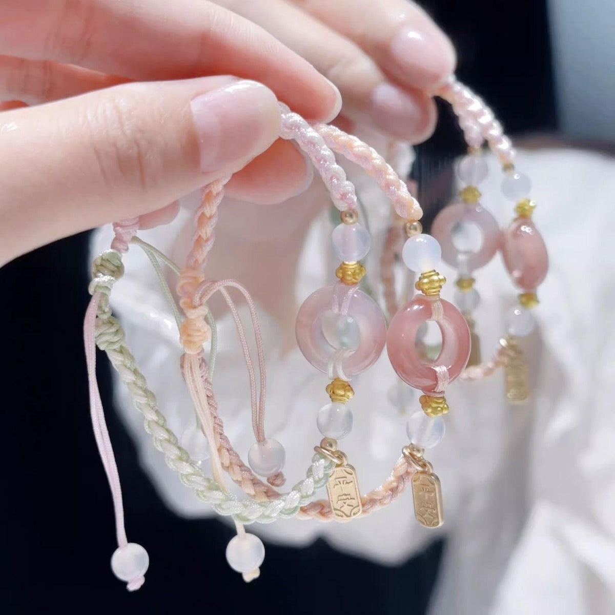 New Chinese National Style Bracelet Pink Peach Blossom Safety Buckle Bracelet Girlfriends Two Woven Girl Accessories