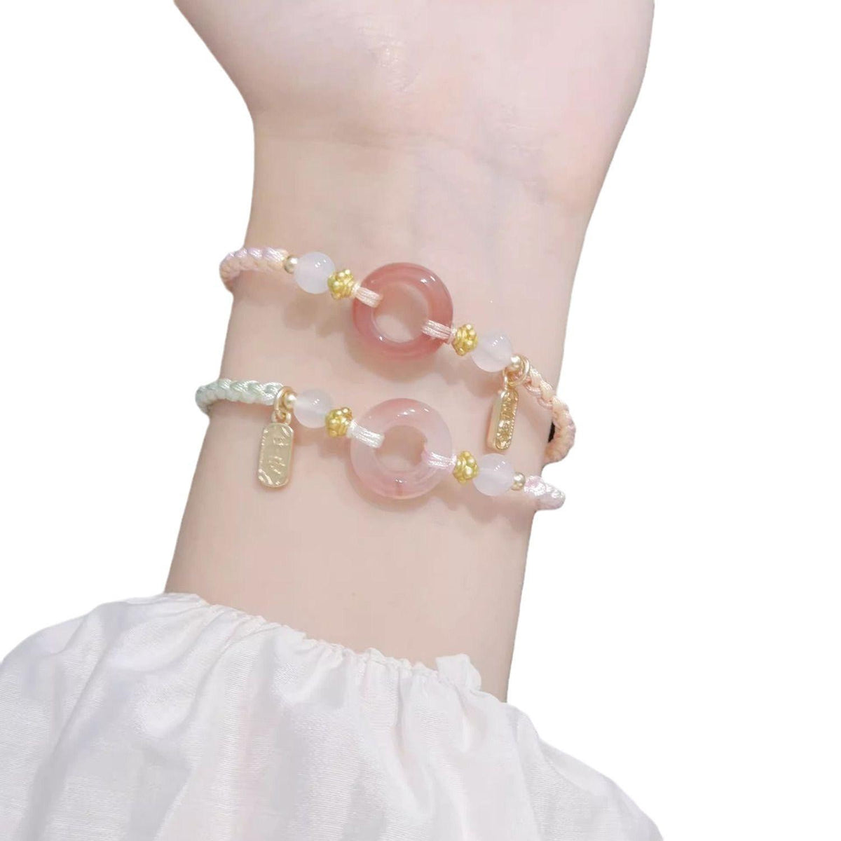 New Chinese National Style Bracelet Pink Peach Blossom Safety Buckle Bracelet Girlfriends Two Woven Girl Accessories