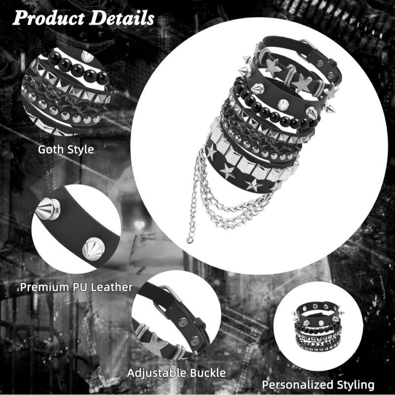 European and American Cross-Border Punk Style Gothic Multi-Layer Pointed Rivet Leather Bracelet Five-Piece Bracelet Bracelet Jewelry Wholesale