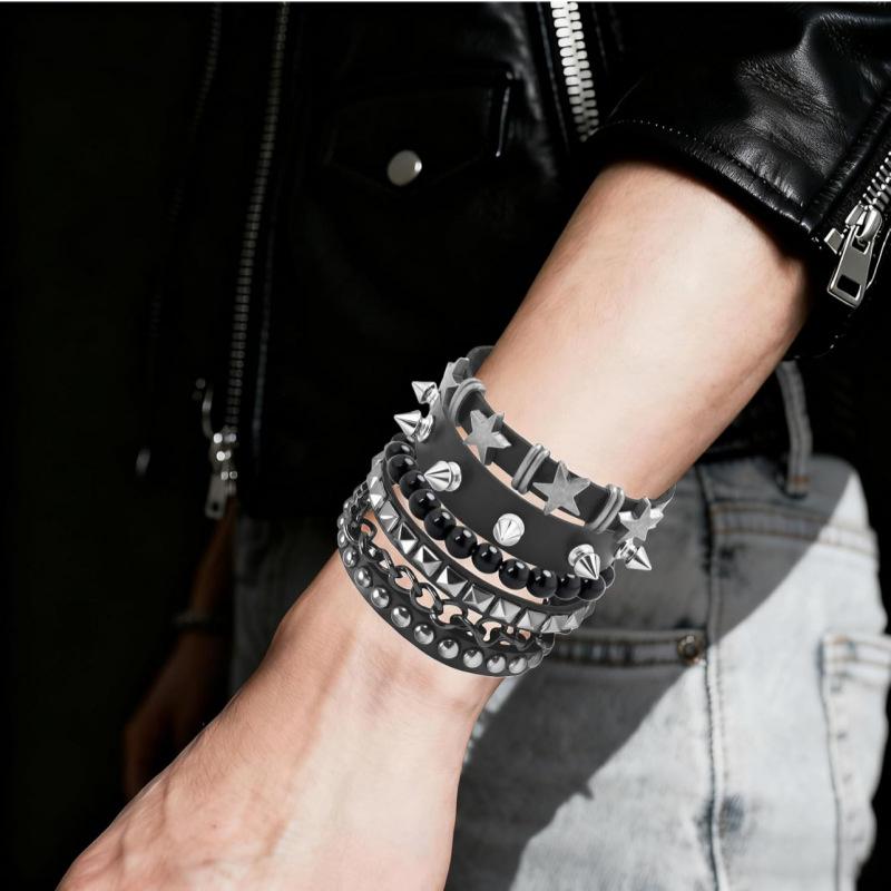 European and American Cross-Border Punk Style Gothic Multi-Layer Pointed Rivet Leather Bracelet Five-Piece Bracelet Bracelet Jewelry Wholesale