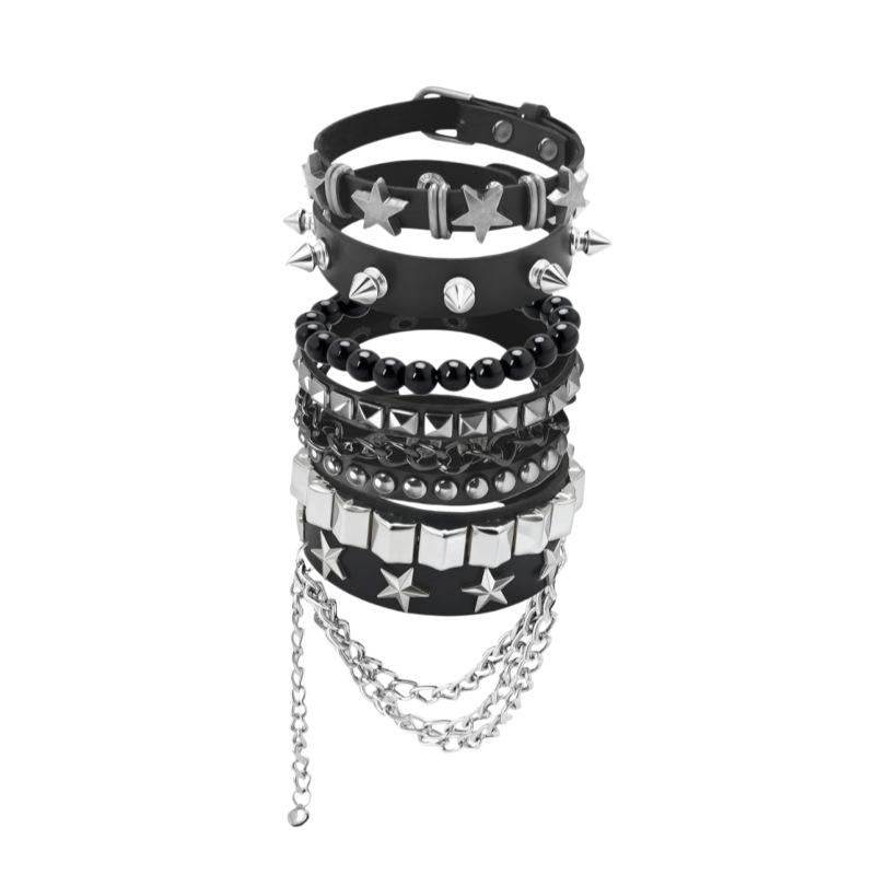 European and American Cross-Border Punk Style Gothic Multi-Layer Pointed Rivet Leather Bracelet Five-Piece Bracelet Bracelet Jewelry Wholesale