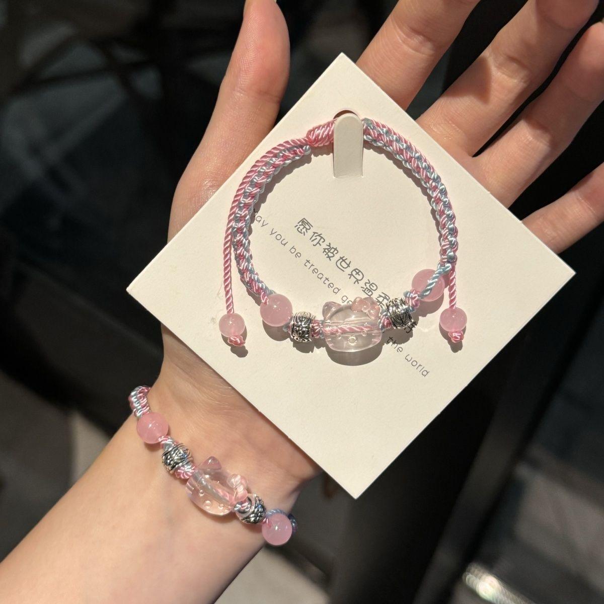 Hellokitty Hand-Woven Blue Pink Bracelet Niche Cute Student Girlfriends Gift Hello Kitty Accessories