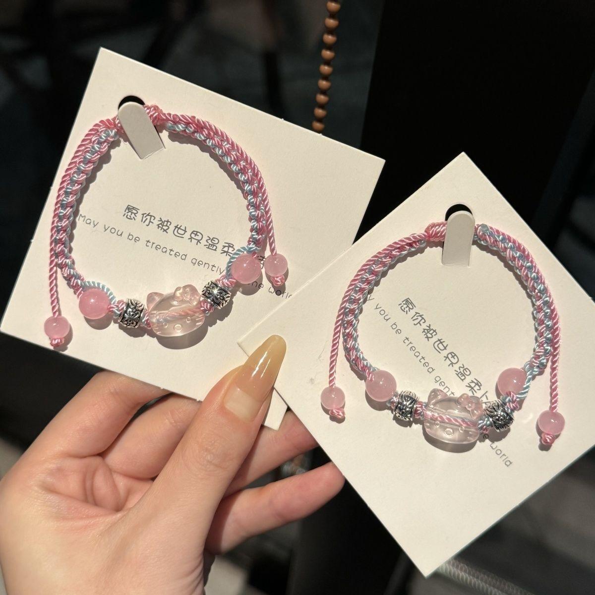 Hellokitty Hand-Woven Blue Pink Bracelet Niche Cute Student Girlfriends Gift Hello Kitty Accessories