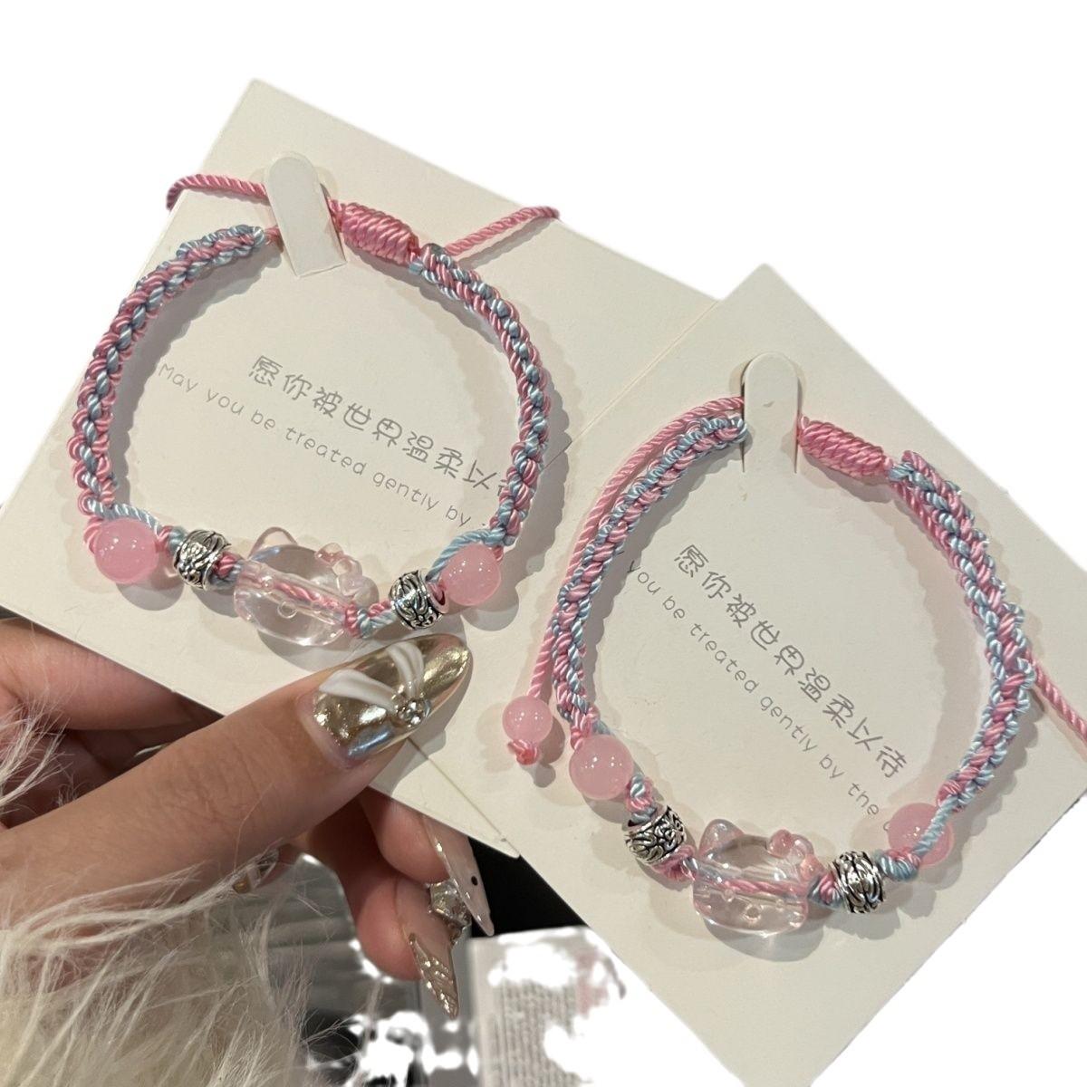 Hellokitty Hand-Woven Blue Pink Bracelet Niche Cute Student Girlfriends Gift Hello Kitty Accessories