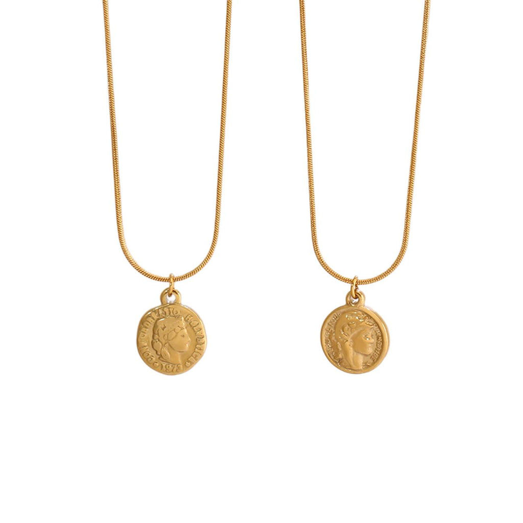 Cross-Border French Retro Portrait Coin Avatar Necklace Female Ins Style Stainless Steel round Coin Pendant Clavicle Chain