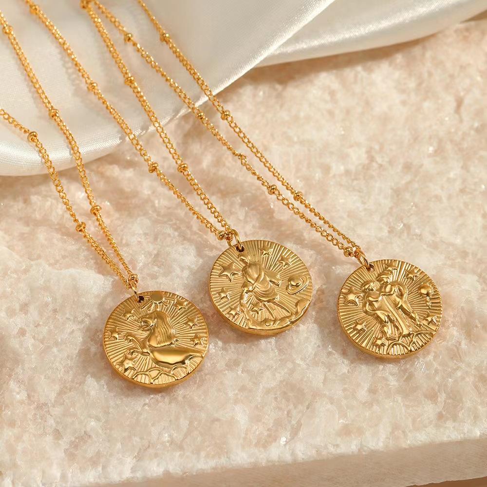 Popular Twelve Constellation Necklace Coin Golden Embossed Pendant Personality Trendy Titanium Steel All-Match round Clavicle Chain