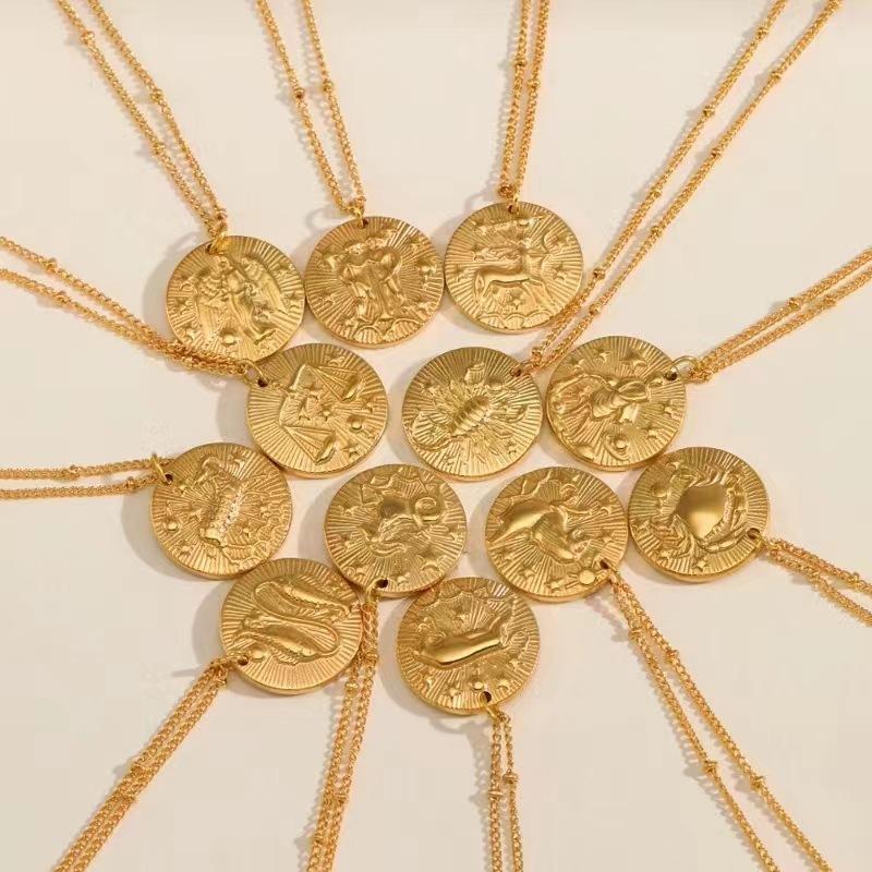 Popular Twelve Constellation Necklace Coin Golden Embossed Pendant Personality Trendy Titanium Steel All-Match round Clavicle Chain