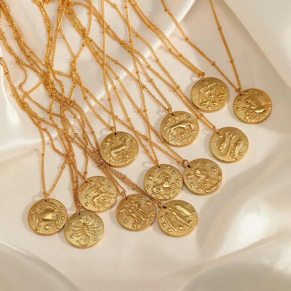 Popular Twelve Constellation Necklace Coin Golden Embossed Pendant Personality Trendy Titanium Steel All-Match round Clavicle Chain