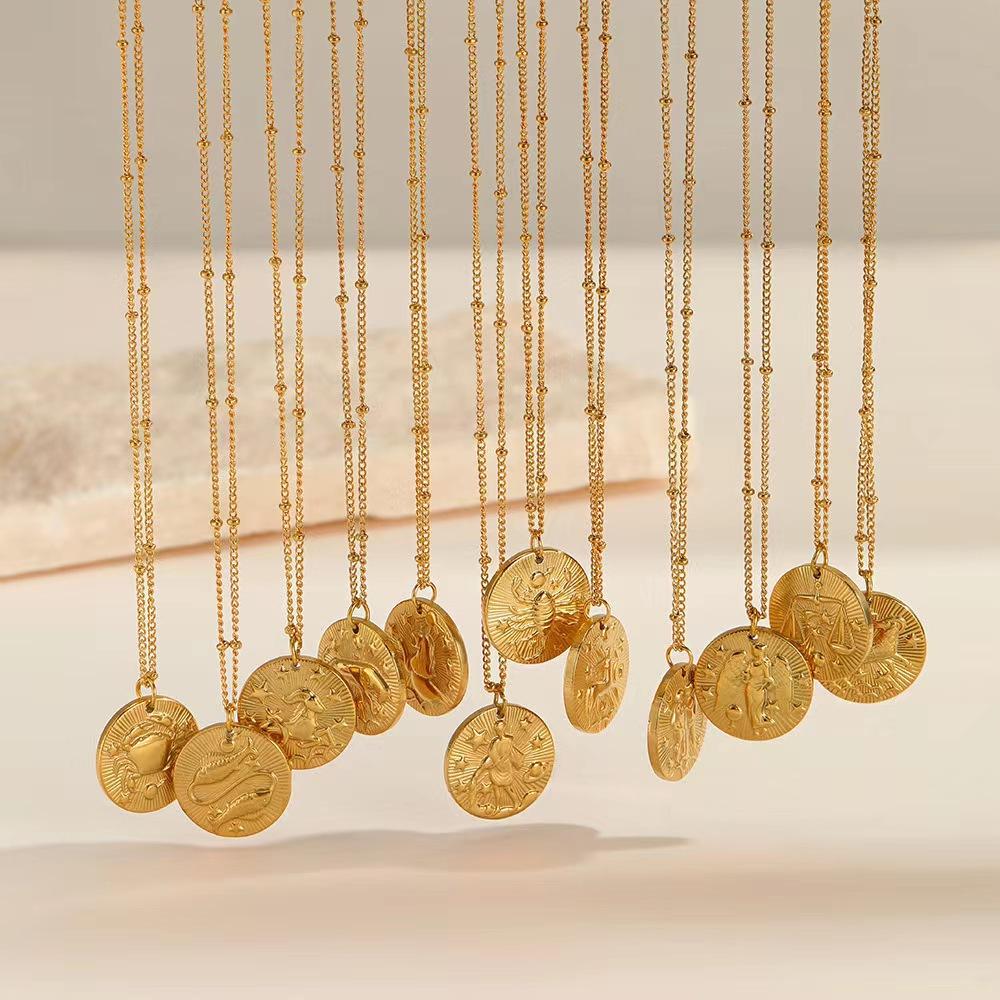 Popular Twelve Constellation Necklace Coin Golden Embossed Pendant Personality Trendy Titanium Steel All-Match round Clavicle Chain