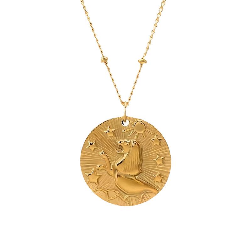 Popular Twelve Constellation Necklace Coin Golden Embossed Pendant Personality Trendy Titanium Steel All-Match round Clavicle Chain