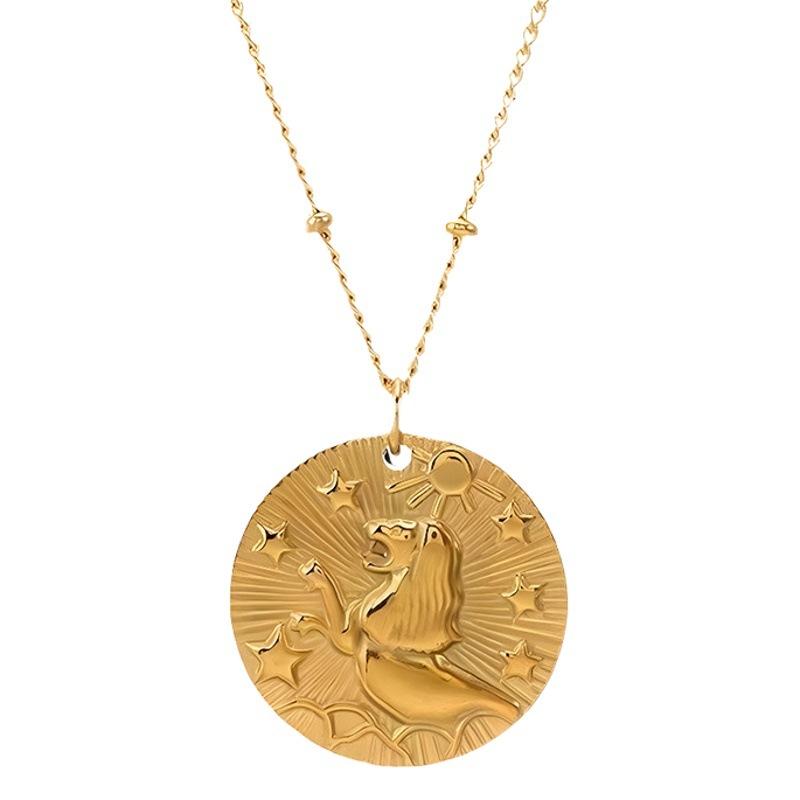 Popular Twelve Constellation Necklace Coin Golden Embossed Pendant Personality Trendy Titanium Steel All-Match round Clavicle Chain