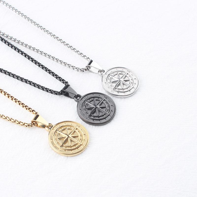Cross-Border Men's Necklace Stainless Steel Compass Coin Compass Pendant Sweater Chain Jewelry Wholesale Non-Fading