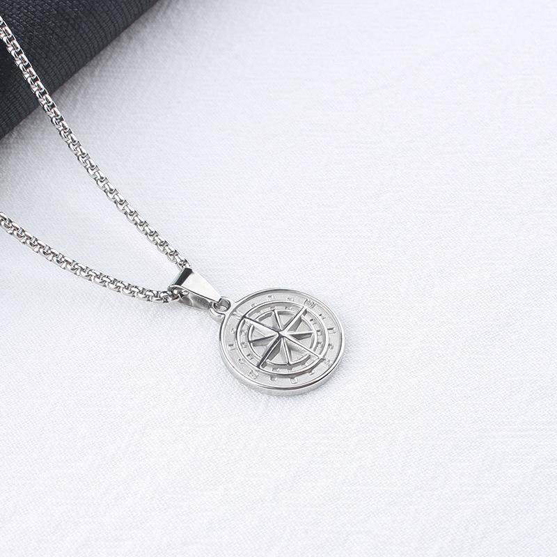 Cross-Border Men's Necklace Stainless Steel Compass Coin Compass Pendant Sweater Chain Jewelry Wholesale Non-Fading