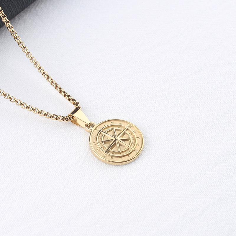 Cross-Border Men's Necklace Stainless Steel Compass Coin Compass Pendant Sweater Chain Jewelry Wholesale Non-Fading
