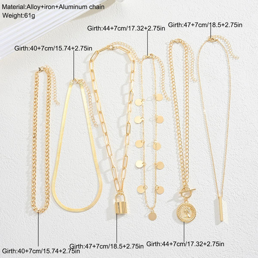 European and American Cross-Border Ins New Chain Clavicle Chain Coin round Tassel Necklace 6-Piece Multi-Layer Stacked Necklace for Women