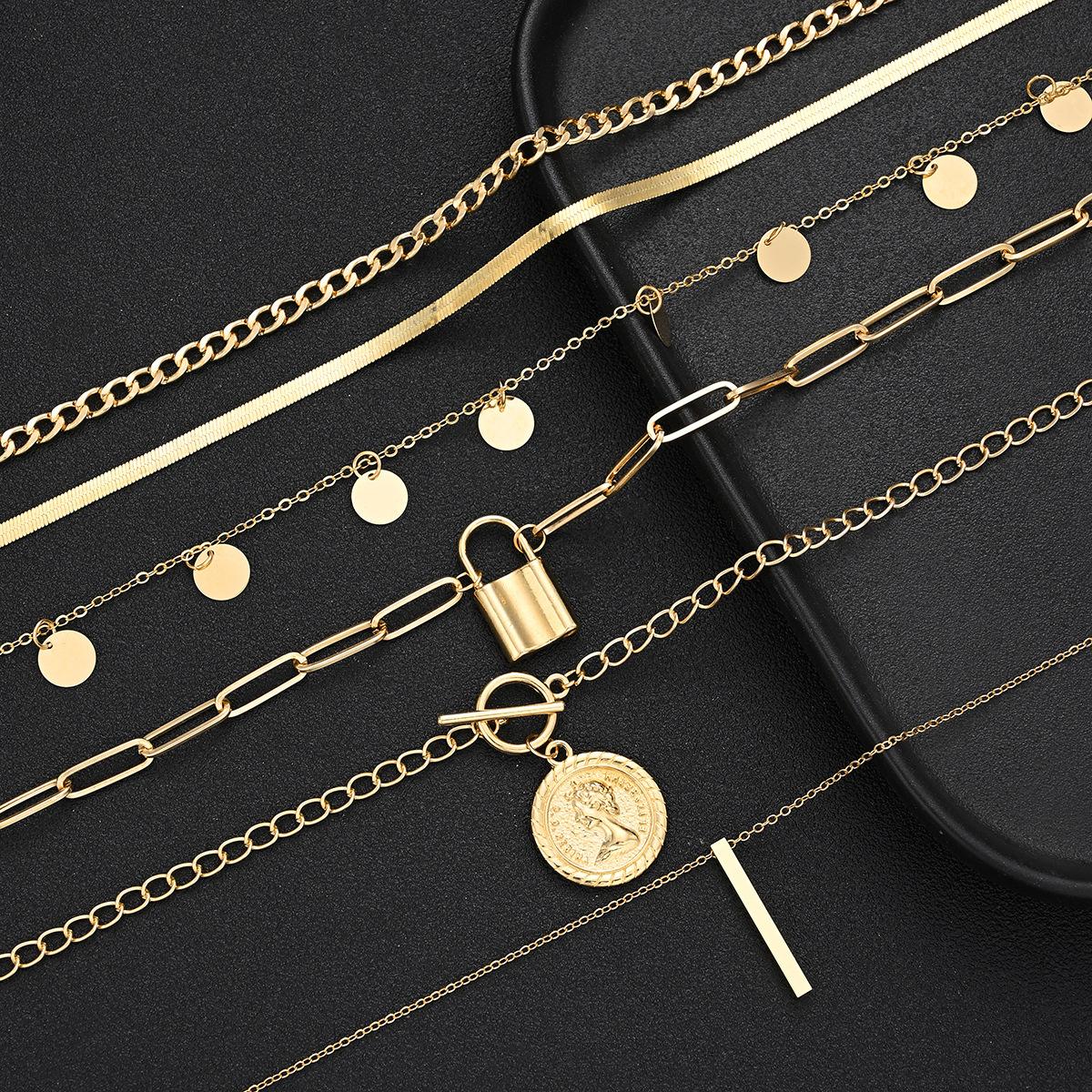 European and American Cross-Border Ins New Chain Clavicle Chain Coin round Tassel Necklace 6-Piece Multi-Layer Stacked Necklace for Women