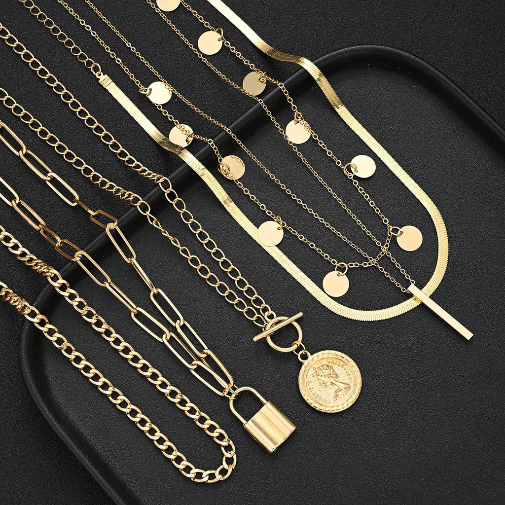 European and American Cross-Border Ins New Chain Clavicle Chain Coin round Tassel Necklace 6-Piece Multi-Layer Stacked Necklace for Women