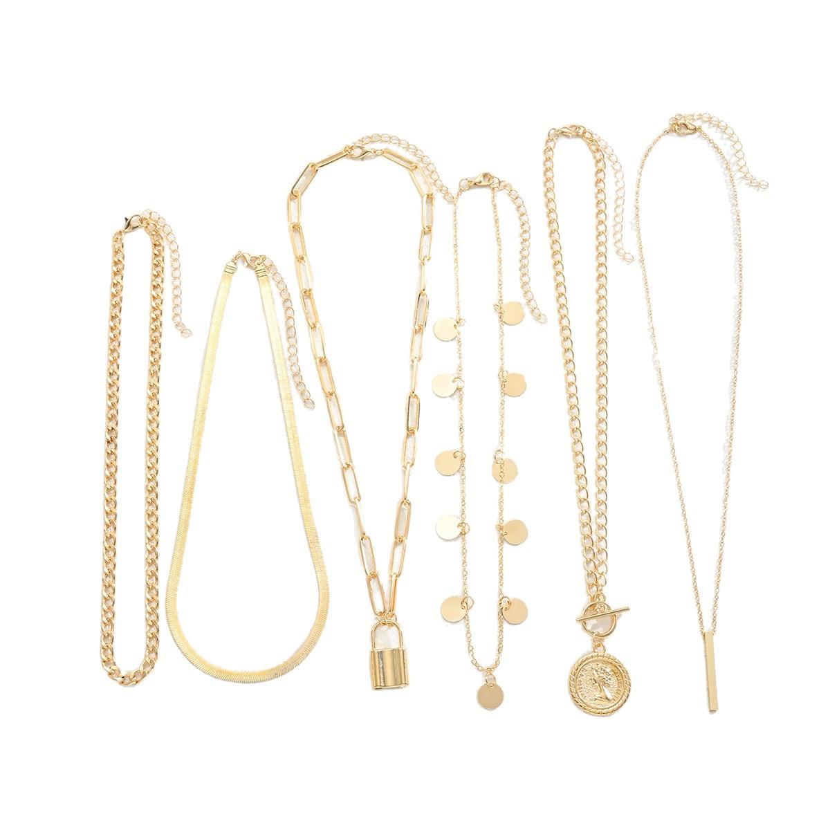 European and American Cross-Border Ins New Chain Clavicle Chain Coin round Tassel Necklace 6-Piece Multi-Layer Stacked Necklace for Women