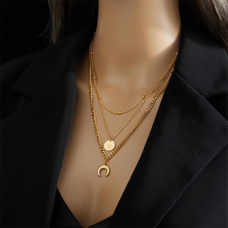 Fashion Golden Double-Layer Stacked Hollow round Zinc Alloy Necklace Women's Light Luxury Elegant Clavicle Chain Cross-Border Export