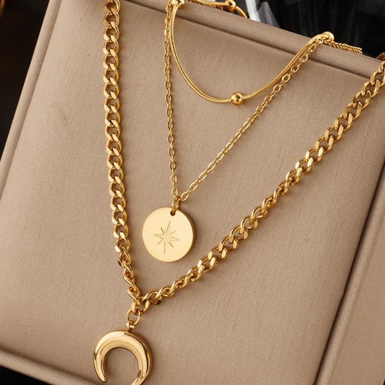 Fashion Golden Double-Layer Stacked Hollow round Zinc Alloy Necklace Women's Light Luxury Elegant Clavicle Chain Cross-Border Export