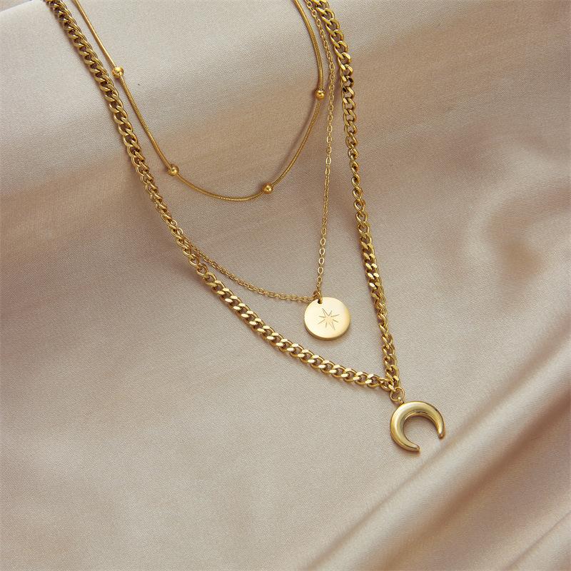 Fashion Golden Double-Layer Stacked Hollow round Zinc Alloy Necklace Women's Light Luxury Elegant Clavicle Chain Cross-Border Export