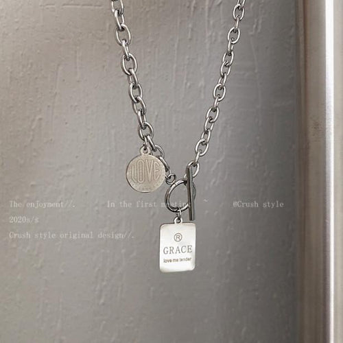 2023 New Square Letter Coin Necklace Light Luxury Ins Cold Style Niche Design Hip Hop All-Match Necklace