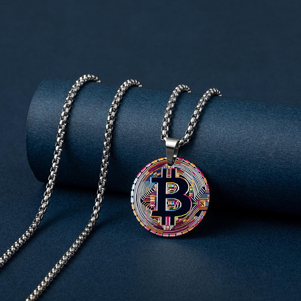 Ring Jewelry Encrypted Digital Currency Bit Virtual Currency Commemorative Coin Color Printing Stainless Steel round Necklace