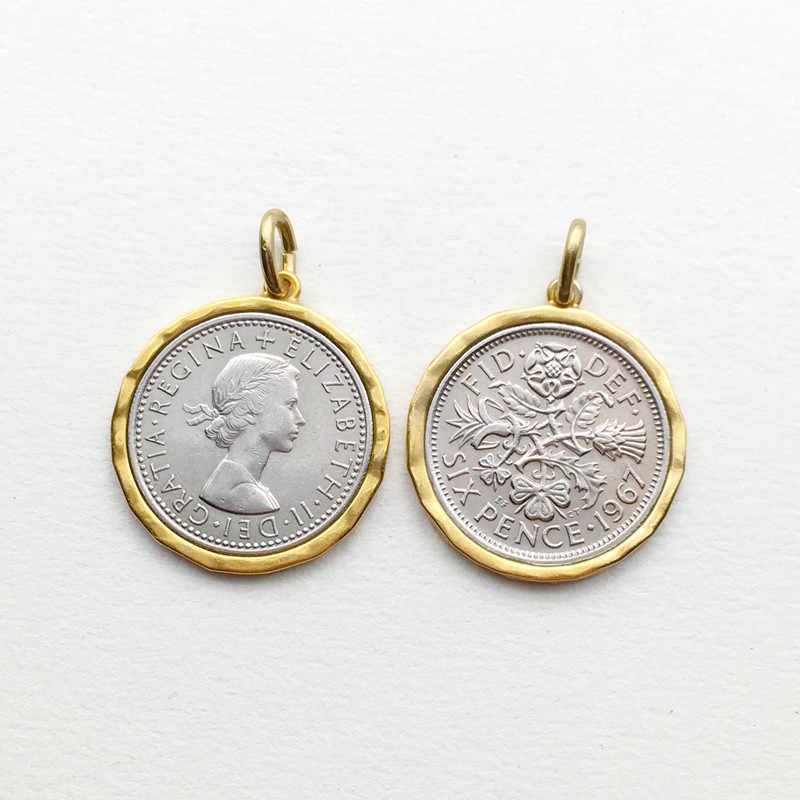 British Six Penny Coin with Border Edge Pendant Vintage Portrait Gold Silver Middle Ancient Necklace Niche Jewelry