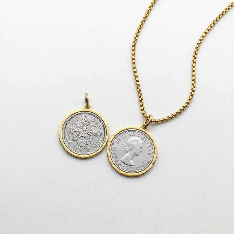British Six Penny Coin with Border Edge Pendant Vintage Portrait Gold Silver Middle Ancient Necklace Niche Jewelry