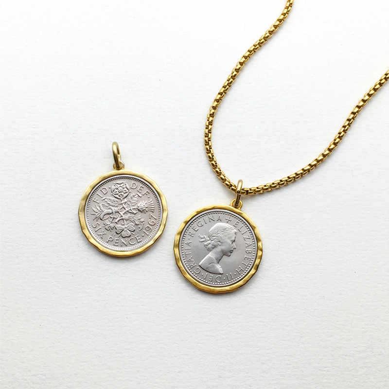 British Six Penny Coin with Border Edge Pendant Vintage Portrait Gold Silver Middle Ancient Necklace Niche Jewelry