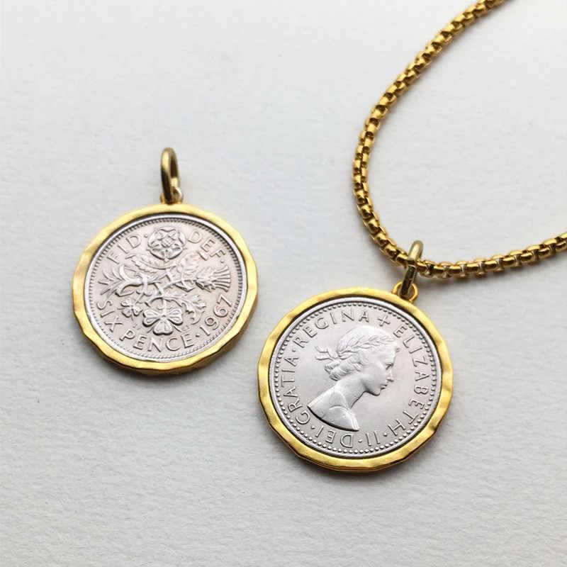 British Six Penny Coin with Border Edge Pendant Vintage Portrait Gold Silver Middle Ancient Necklace Niche Jewelry