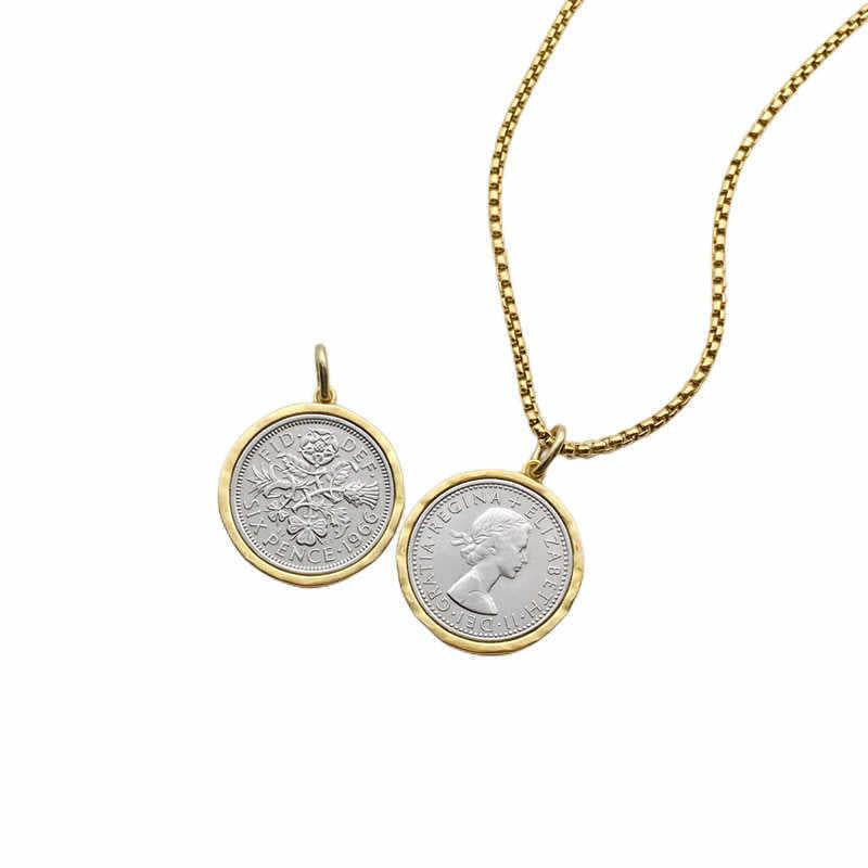 British Six Penny Coin with Border Edge Pendant Vintage Portrait Gold Silver Middle Ancient Necklace Niche Jewelry