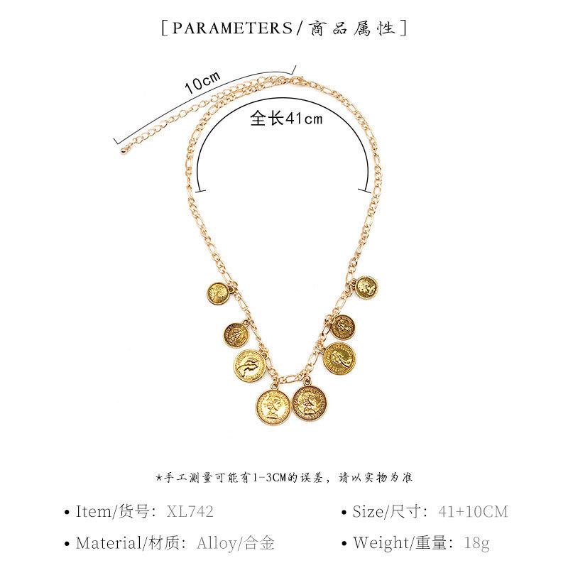New European and American Popular Cross-Border Jewelry Fashion Simple Portrait Carving Coin Chain Necklace