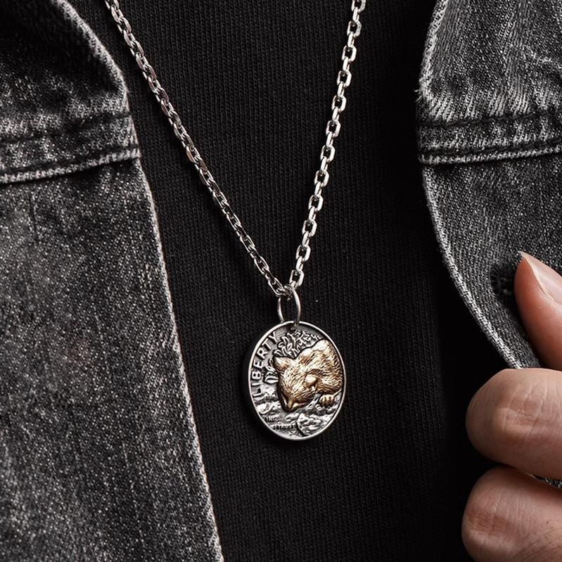 Cat Men's Necklace Fashion Brand All-Match round Coin Retro Niche Personality Pendant Double-Sided Kitten Pendant Men's Fashion