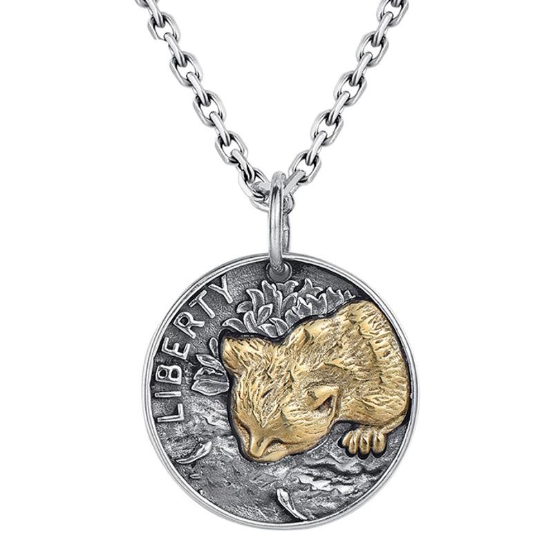 Cat Men's Necklace Fashion Brand All-Match round Coin Retro Niche Personality Pendant Double-Sided Kitten Pendant Men's Fashion