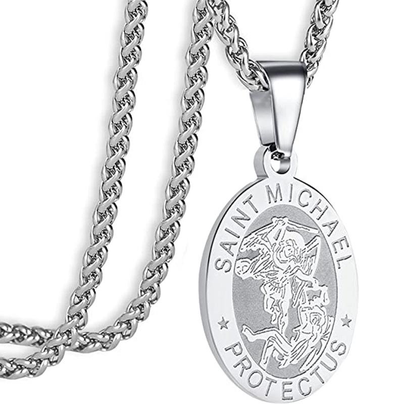 Cross-Border Amazon Stainless Steel Oval Coin Pendant Men and Women Vintage Saint Michael Angel Portrait Necklace