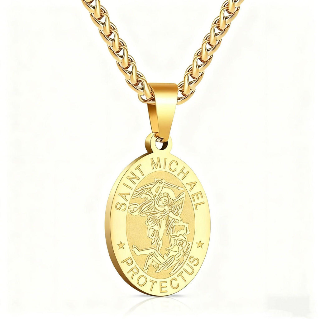 Cross-Border Amazon Stainless Steel Oval Coin Pendant Men and Women Vintage Saint Michael Angel Portrait Necklace