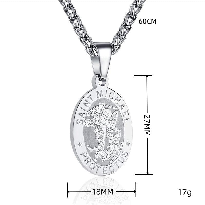 Cross-Border Amazon Stainless Steel Oval Coin Pendant Men and Women Vintage Saint Michael Angel Portrait Necklace