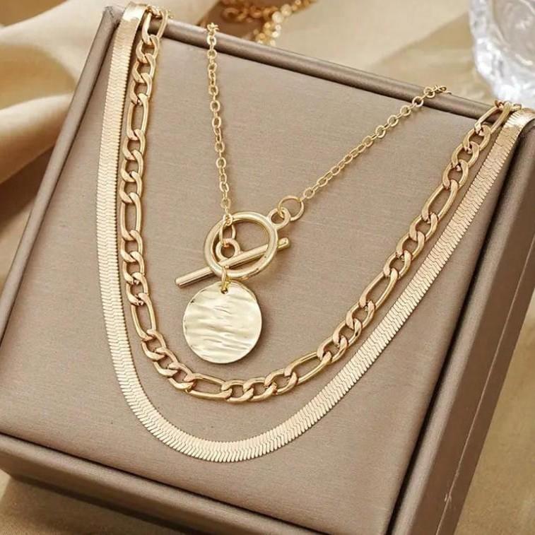 European and American Cross-Border Hot Selling Jewelry Coin Snake Bone Chain Three-Layer Necklace Women's Retro Multi-Layer Coin Pendant Otbuckle Necklace