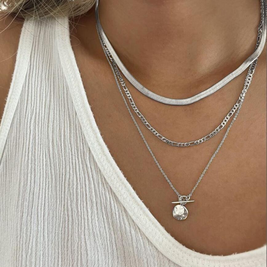 European and American Cross-Border Hot Selling Jewelry Coin Snake Bone Chain Three-Layer Necklace Women's Retro Multi-Layer Coin Pendant Otbuckle Necklace