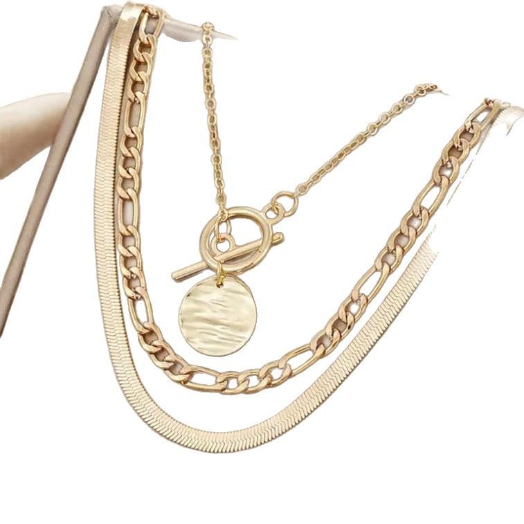 European and American Cross-Border Hot Selling Jewelry Coin Snake Bone Chain Three-Layer Necklace Women's Retro Multi-Layer Coin Pendant Otbuckle Necklace