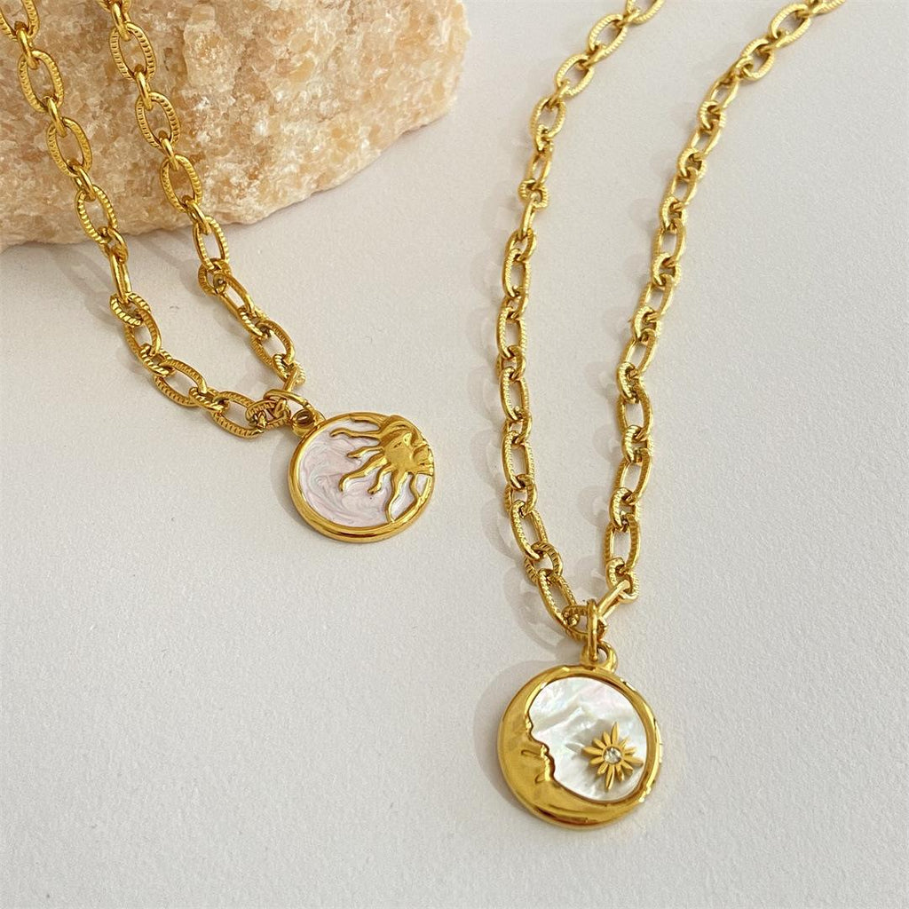 18K Gold Stainless Steel Sun Moon Necklace Mother of Pearl Coin Pendant Necklace European and American Cross-Border Jewelry