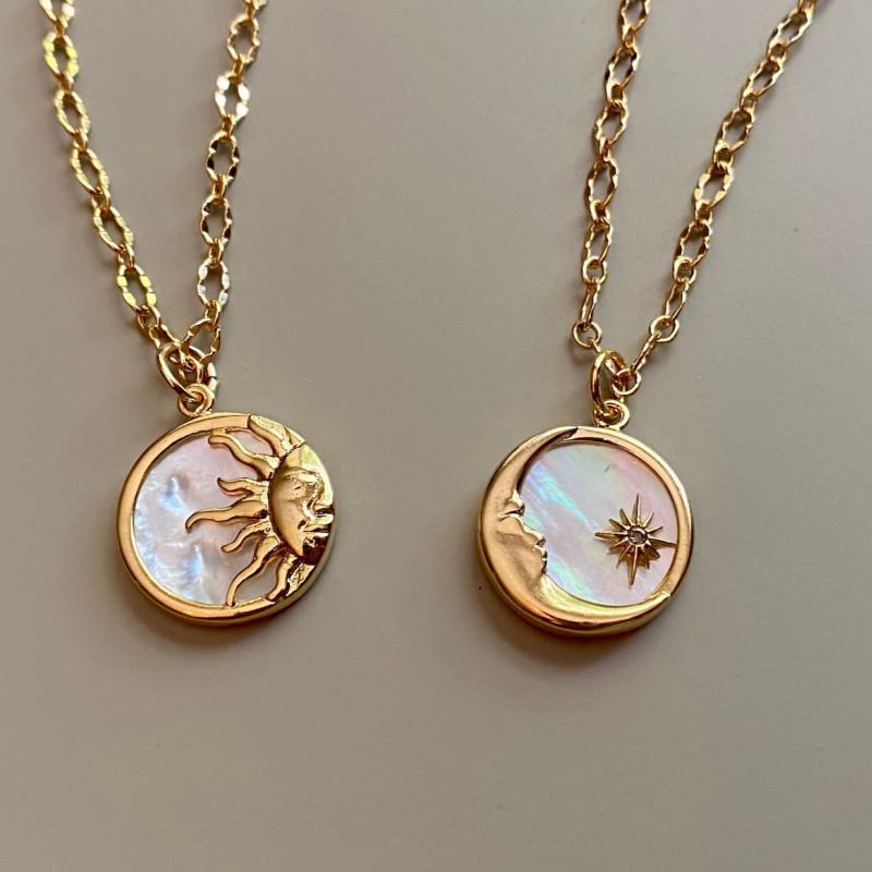 18K Gold Stainless Steel Sun Moon Necklace Mother of Pearl Coin Pendant Necklace European and American Cross-Border Jewelry